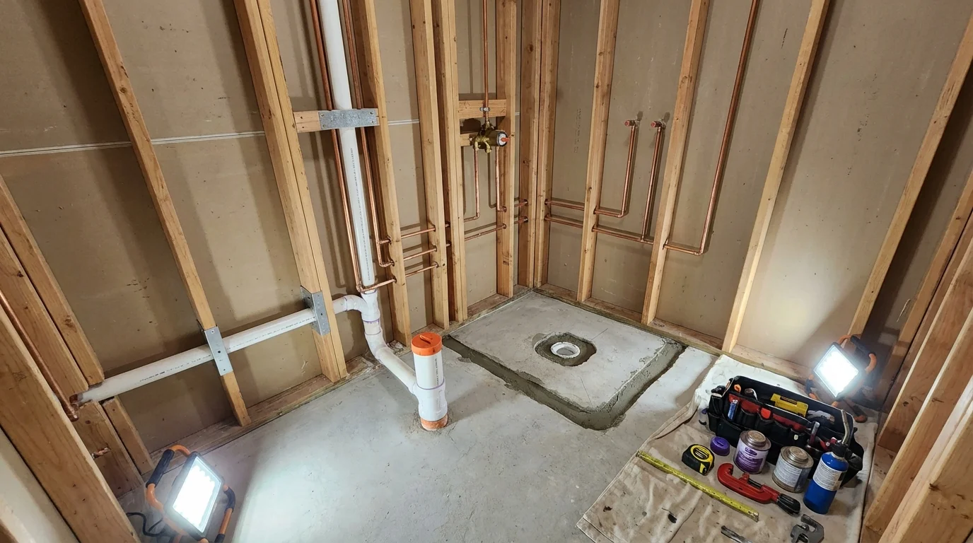 Bathroom rough-in plumbing during remodel by Johns Plumbing LLC in Severance