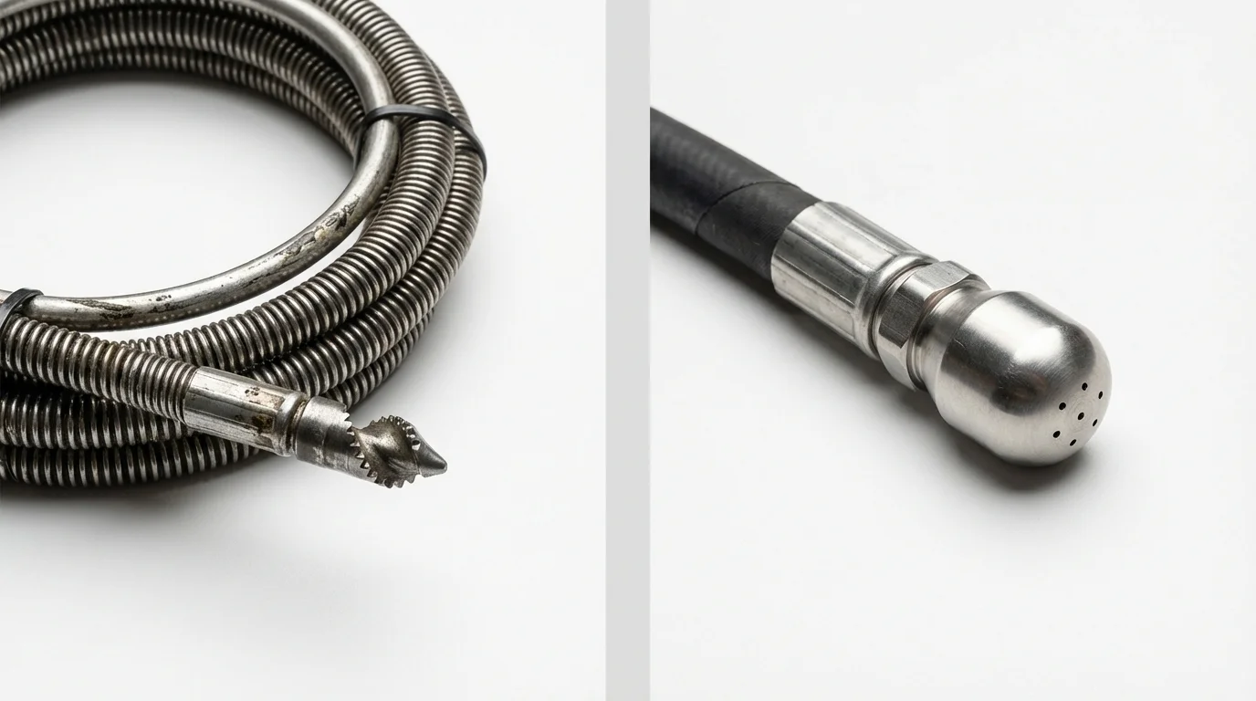 Drain snake cable and hydro jetting nozzle used for drain cleaning in Severance, CO