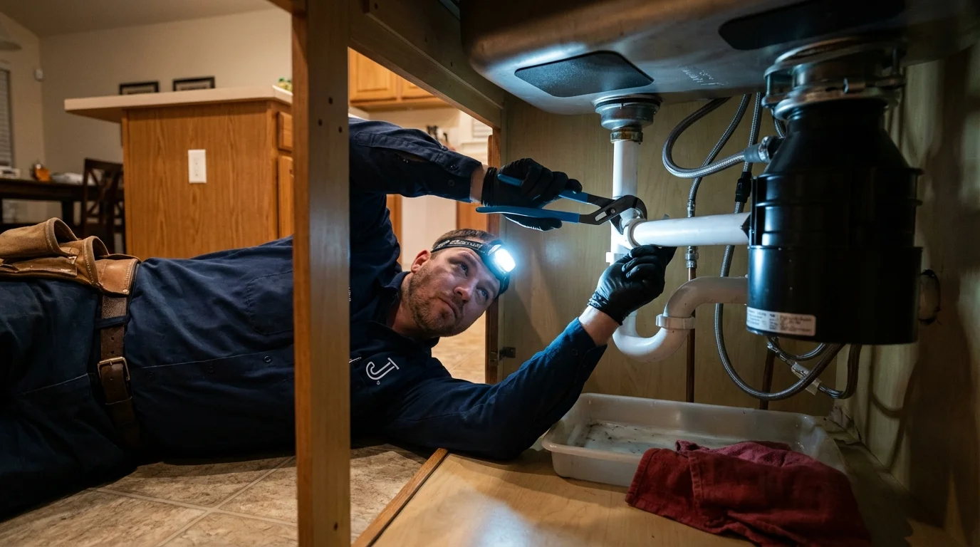 P-trap and supply line connections under a kitchen sink showing a common leak point in Severance, CO